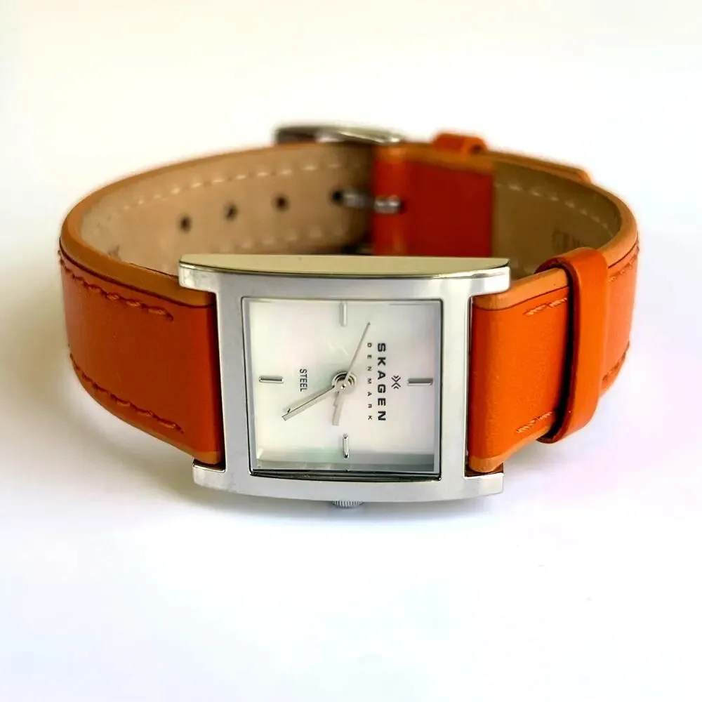 Skagen Denmark Square Watch Mother of Pearl Orange Leather Strap 2000s Vintage - Picture 13 of 14
